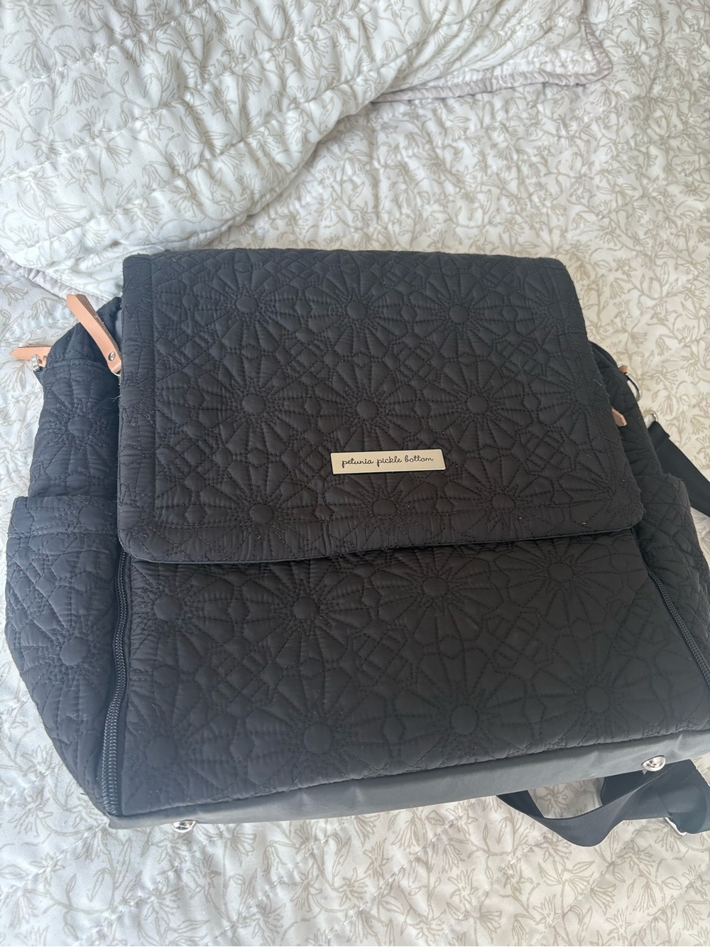 Petunia Pickle Bottom Black Quilted Floral Backpack Diaper Bag